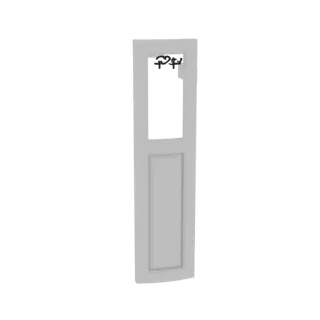 3D model of a modern gray door with a tall rectangular window and a decorative element at the top.