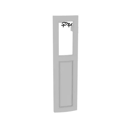 3D model of a modern gray door with a tall rectangular window and a decorative element at the top.