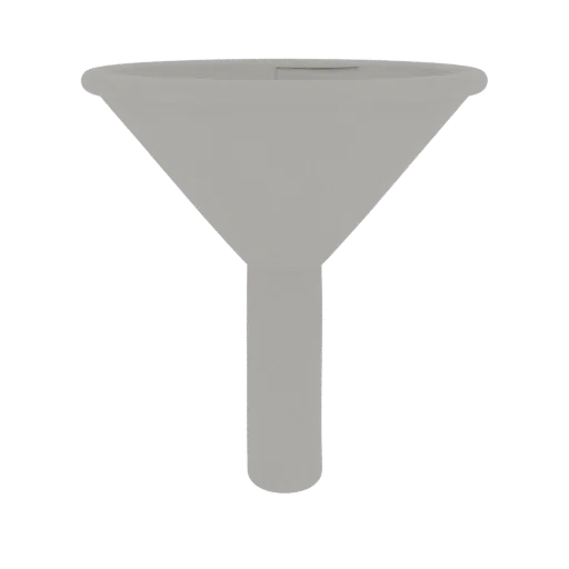 3D model of a gray funnel with cylindrical rims, showing the transition from a wide top opening to a narrow bottom