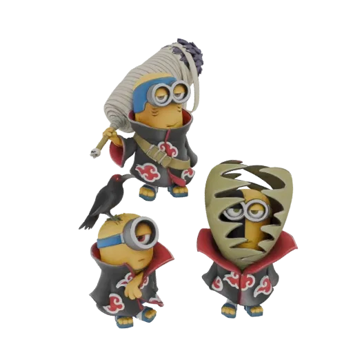 A 3D render of three Minion characters dressed as Akatsuki members from Naruto, one with a crow accessory.