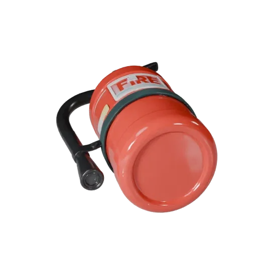 Modelo 3D Estilizado de Extintor de Incendios, render estilizado isométrico, mostrando carcasas de plástico, detalle de forma