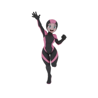 3D model of an anime girl with blue eyes and pink hair, wearing a black and pink suit, striking a dynamic pose with one arm r