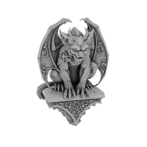 3D-Modell einer grauen Gargoyle-Statue mit gespreizten Flügeln, die auf einem dekorativen Sockel kauert, vor weißem Hintergru