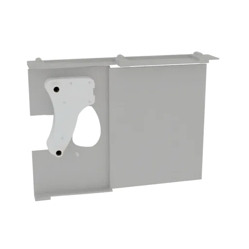 3D model of an industrial sliding door mechanism with a white actuator and visible track components.
