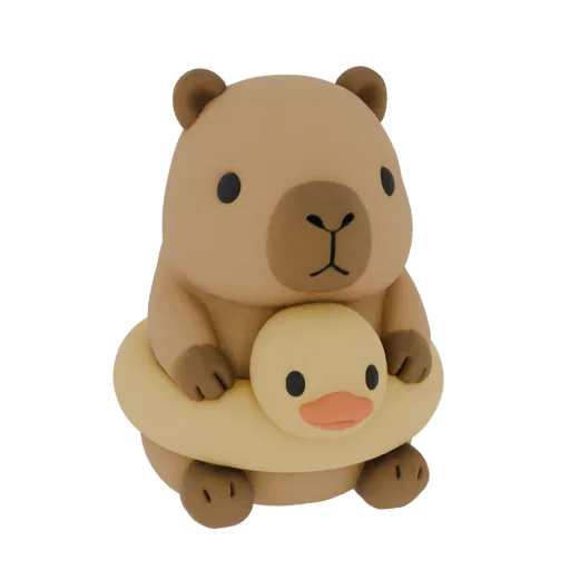 3D model of a cute, light brown capybara wearing a yellow duck float, with simple black eyes and an orange beak.