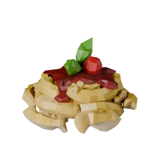 Modèle 3D low poly d'assiette de pâtes de restaurant, vue de trois quarts en viewport de jeu, montrant les sauces, composition de l'assiette.