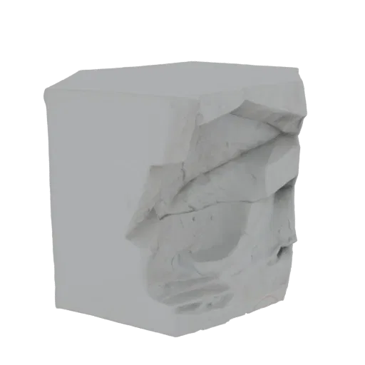 A 3D model of a grey, untextured block of rock with deep cracks and sharp, uneven surfaces.