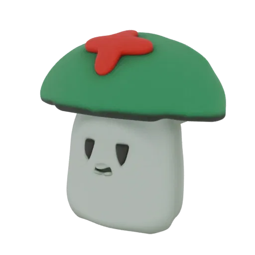 3D model of a cute mushroom character with a green cap and a red accent, featuring a simple, friendly face.