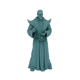 Un rendering 3D di una miniatura di stregone misterioso, in piedi con vesti e mani tese, su sfondo bianco.