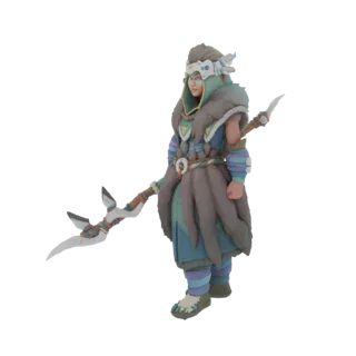 Modèle 3D d'un guerrier tribal avec une cape en fourrure et une coiffe, tenant une lance, rendu sur fond blanc.
