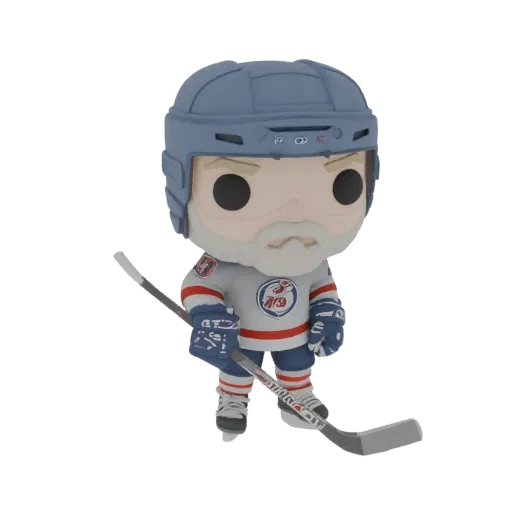 3D model of a vintage hockey player in a Funko Pop style, holding a hockey stick.