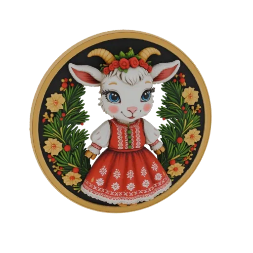3D model of a cute goat girl wearing a red dress and a flower crown, surrounded by a wreath of greenery and yellow flowers.