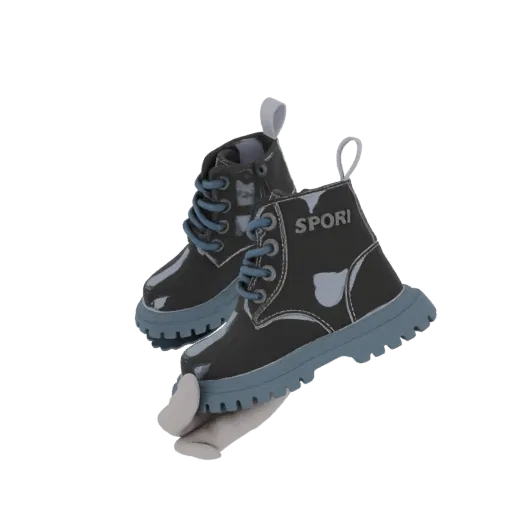 3D model of a pair of sporty combat boots with glossy dark grey uppers, light blue soles, and blue laces, featuring a 'SPORI'
