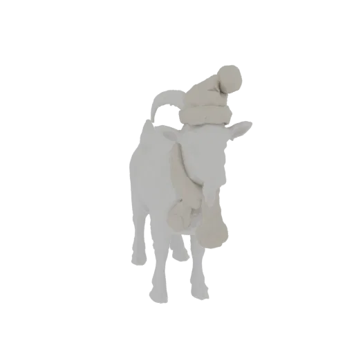 A 3D render of a white claymation goat wearing a Santa hat and a beige scarf, standing against a black background.