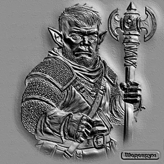 3D bas-relief of a dwarf warrior with an axe, rendered in gray, with high detail in textures and relief.