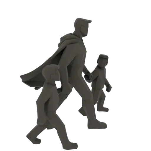 A stylized 3D model of a father wearing a cape, walking hand-in-hand with two children.