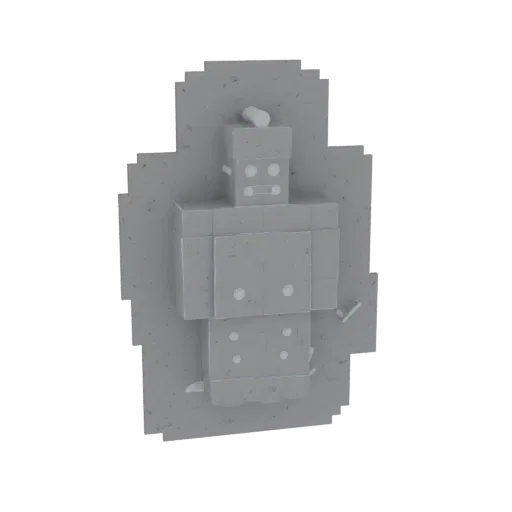 A 3D render of a pixelated Terracotta Warrior statue with a stone-like texture, presented on a white background.