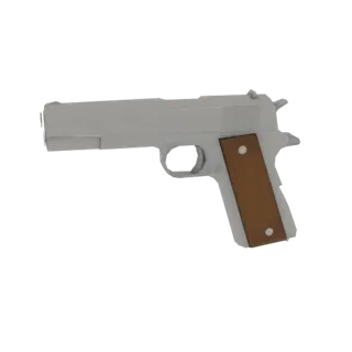 Un rendering 3D di una classica pistola 1911 con fusto grigio chiaro e guancette marroni, mostrata su sfondo bianco.