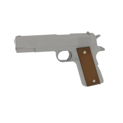 A 3D model render of a classic 1911 pistol with a light gray frame and brown grip panels, shown against a white background.