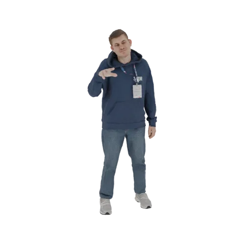 3D model of a young man in a blue hoodie and jeans, holding up a peace sign with his left hand.