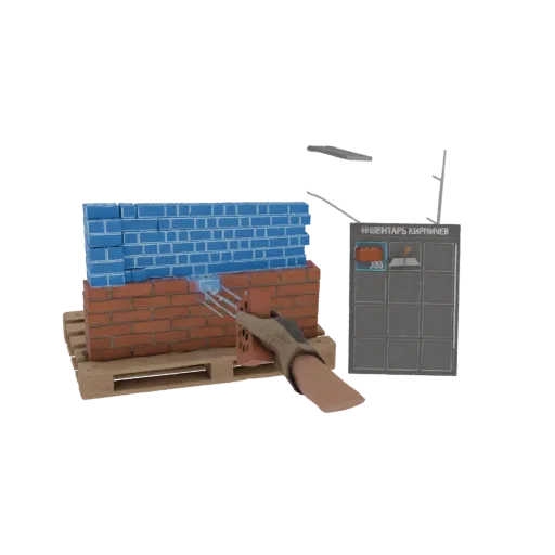 3D model of a VR bricklaying scene with a hand holding a brick, a red and blue brick wall on a pallet, and an inventory panel