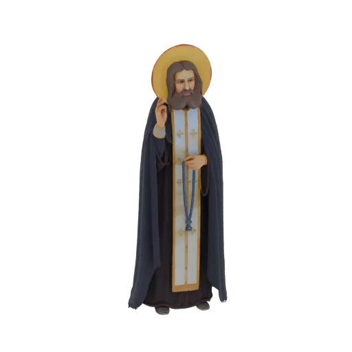 3D model of an Orthodox priest with a golden halo, wearing a dark cassock and white epitrachelion, holding blue prayer beads.