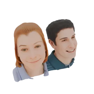 Ein 3D-Render eines stilisierten Paares, Mann und Frau, lächeln den Betrachter mit warmen Ausdrücken an, vor weißem Hintergru