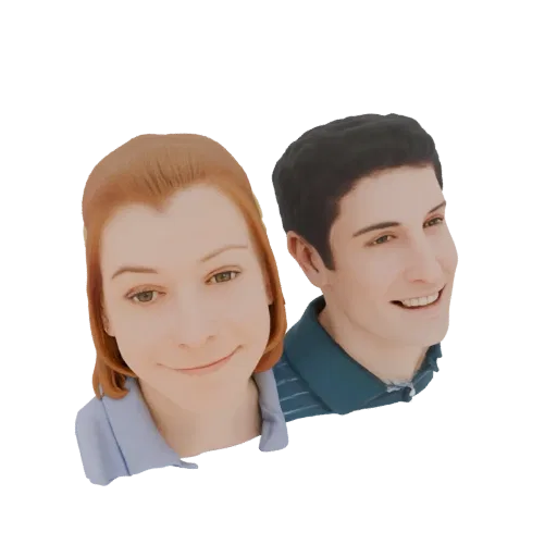 A 3D render of a stylized couple, a man and a woman, smiling at the viewer with warm expressions, set against a white backgro