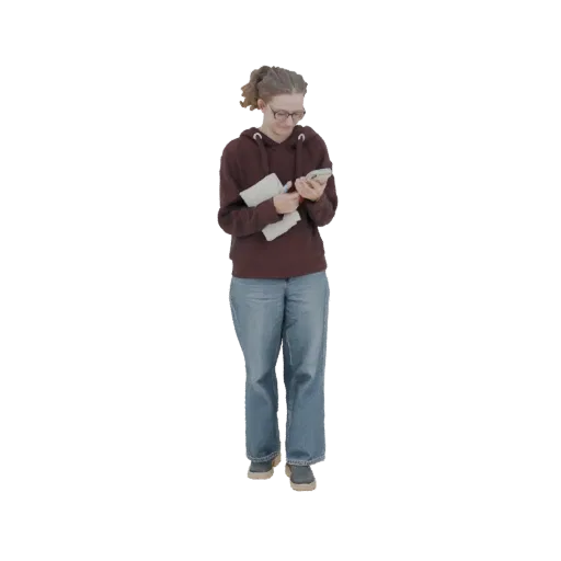 3D model of a young woman with glasses, wearing a maroon hoodie and blue jeans, looking at her phone.