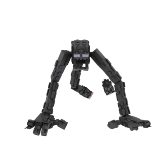 3D-Modell eines Minecraft Enderman, der mit ausgestreckten Armen steht, mit violetten Augen und blockiger Textur.