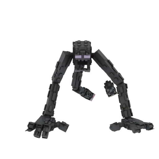 3D-Modell eines Minecraft Enderman, der mit ausgestreckten Armen steht, mit violetten Augen und blockiger Textur.