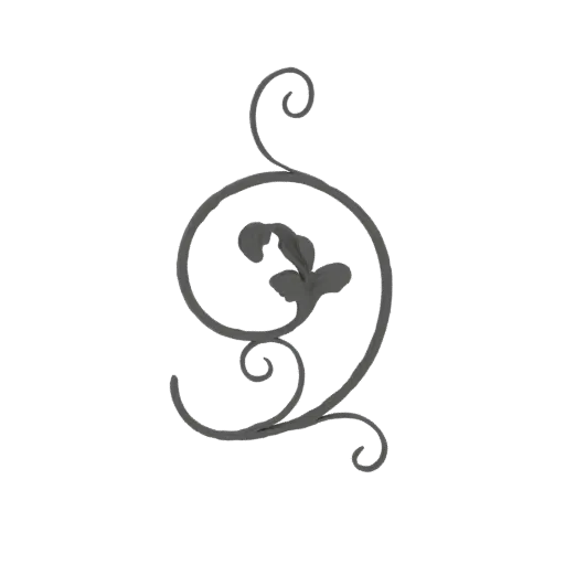 Rendu 3D d'une volute ornée avec des courbes tourbillonnantes et un motif central de feuille, présenté sur fond blanc.