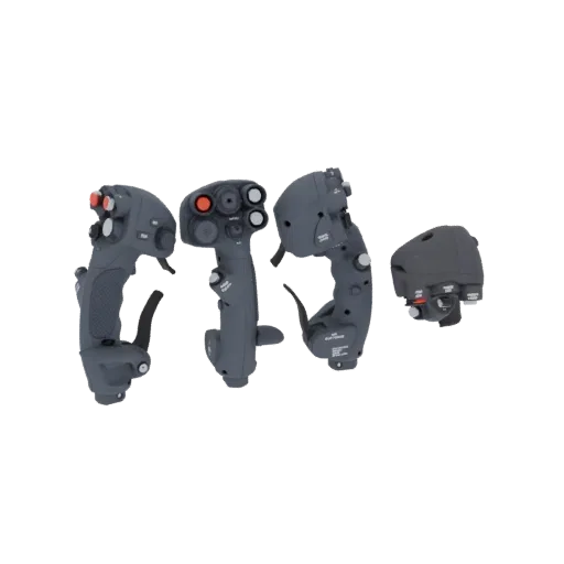A 3D model of a modern flight simulator joystick and throttle set, featuring two distinct joystick grips and a throttle contr