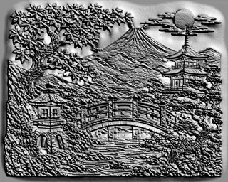 3D model of a Japanese landscape bas-relief with a pagoda, bridge, and Mt. Fuji under the moon, rendered in a woodcut style.