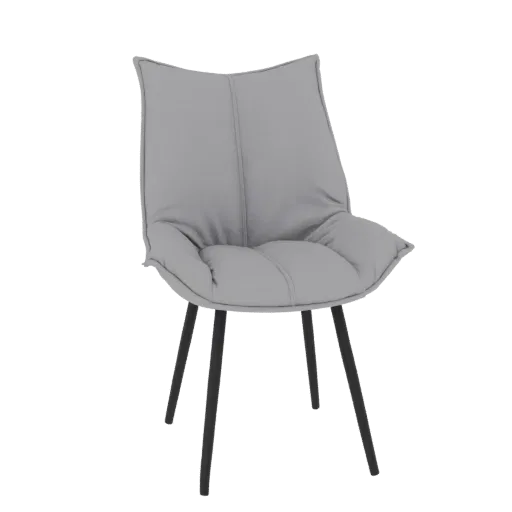 3D-Modell eines modernen grauen Polsterstuhls für Esszimmer mit schwarzen Metallbeinen, präsentiert vor weißem Hintergrund.