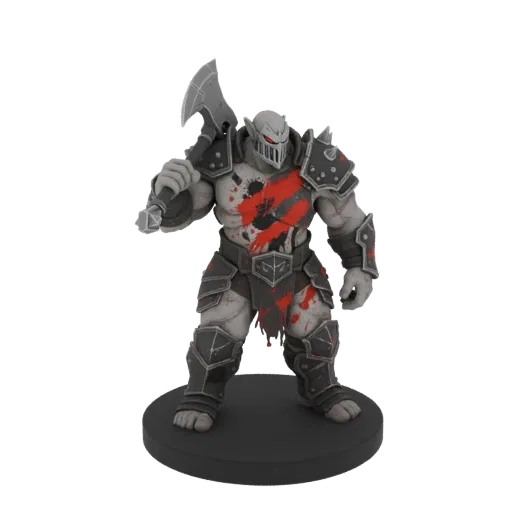 3D model of a grey-skinned Orc Warrior wearing dark armor splattered with red, holding a large axe over its shoulder, standin