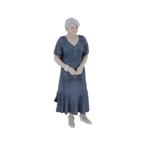 Modello 3D di donna elegante con capelli biondi corti, indossa un lungo abito blu scuro fantasia e scarpe azzurre, in posa ag