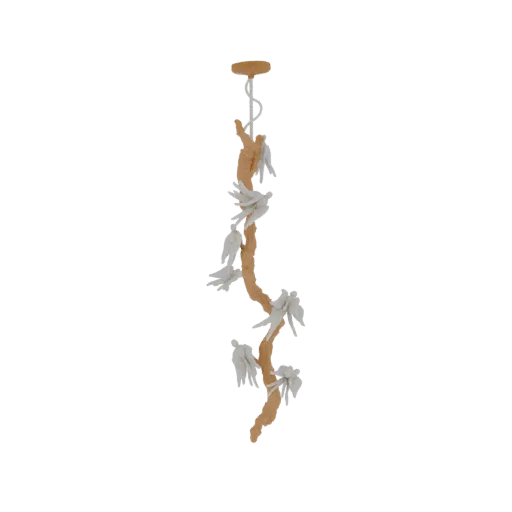 3D model of a whimsical chandelier with white birds perched on a textured brown branch, hanging from a ceiling mount.