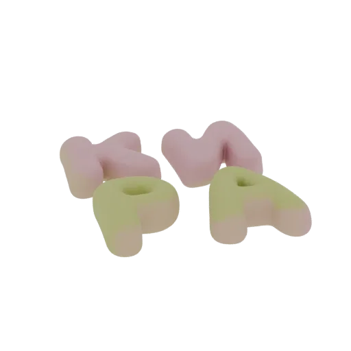 A 3D render of four marshmallow-like letters, 'K', 'M', 'P', and 'A', in soft pink and yellow, arranged in a cluster on a whi