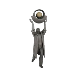 3D model of a man in a trench coat holding a celestial orb above his head, rendered in a gray, stone-like material.