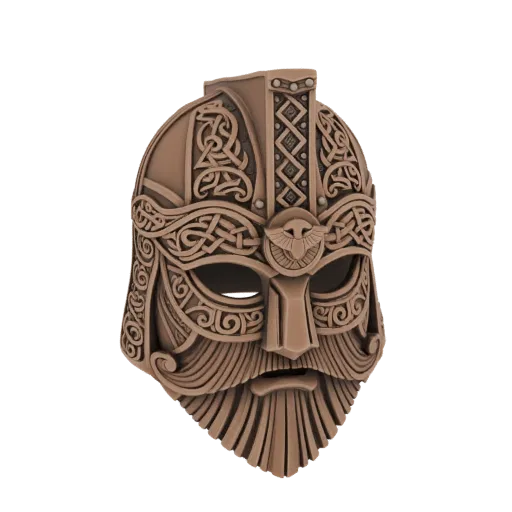 A detailed 3D model of a bronze-colored Dwarven warrior helmet with intricate knotwork and a long, segmented beard.