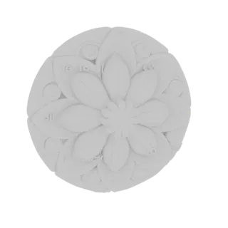 A 3D render of a circular, ornate floral mandala with detailed petals and swirling decorative elements, presented on a white