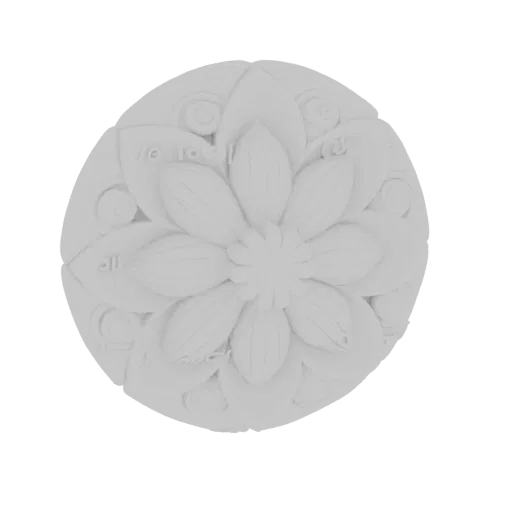 Rendu 3D d'un mandala floral orné circulaire avec des pétales détaillés et des éléments décoratifs en volutes, présenté sur f