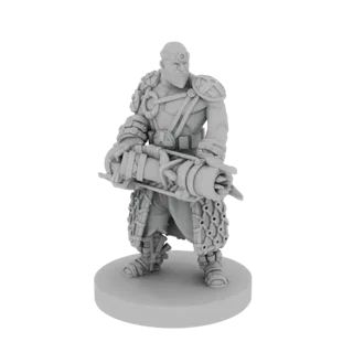 3D-Render einer Miniatur eines grummeligen Kriegers mit einer großen Kanone, detaillierter Rüstung und ernstem Gesichtsausdru