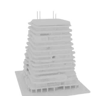 3D model of a futuristic skyscraper with display windows and terraced platform