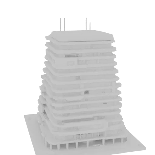 Modèle 3D de gratte-ciel futuriste avec vitrines et plateforme en gradins