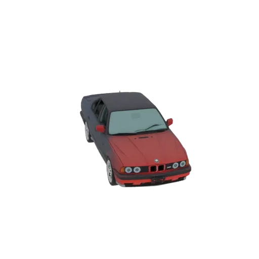 A 3D render of a classic red and black BMW E34 sedan, viewed from a slightly elevated front-right angle.