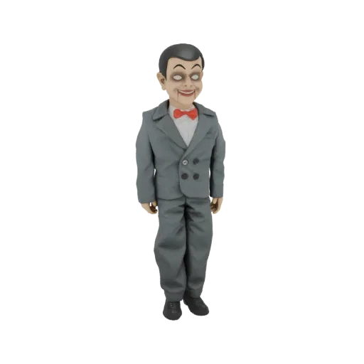 3D model of a creepy ventriloquist dummy wearing a grey suit and red bowtie, with wide, staring eyes and an unsettling smile.