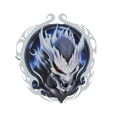 3D-Modell eines dämonischen Bestien-Emblems mit skelettartigem Gesicht, roten Augen und einer weißen spektralen Mähne, vor du