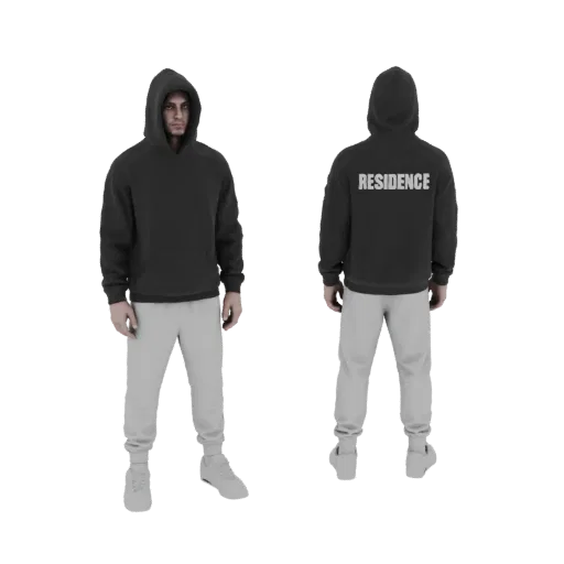 3D model of a person wearing a dark gray hoodie with 'RESIDENCE' on the back and matching gray joggers.